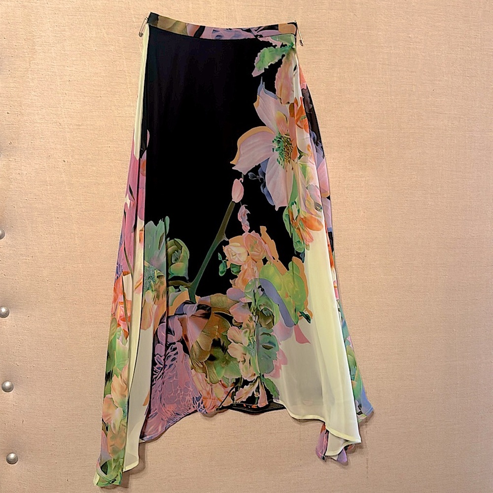 Eva Franco Anthropologie large Floral Midi Skirt A Line chiffon lavender black - Picture 6 of 6